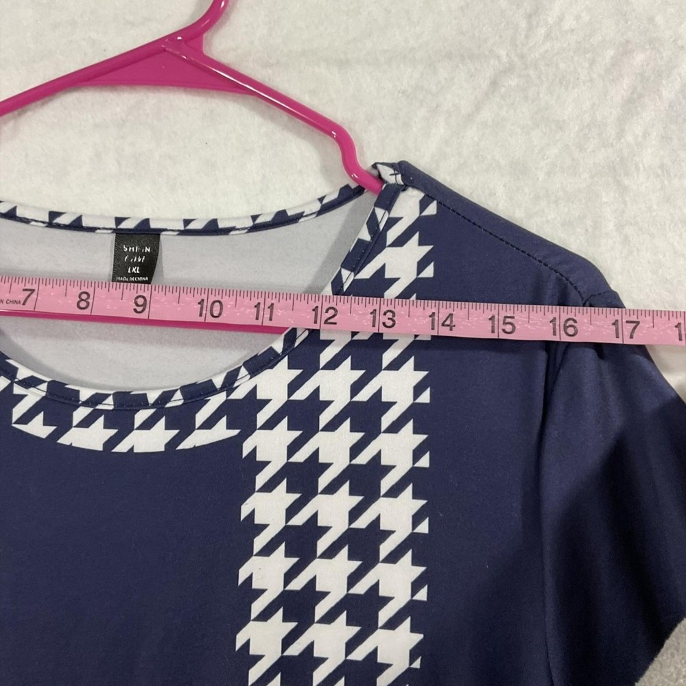 SheIn Dress Womens L/XL Blue Houndstooth Bow 3/4 Sleeve Shift Knee Length Jersey - Picture 8 of 9